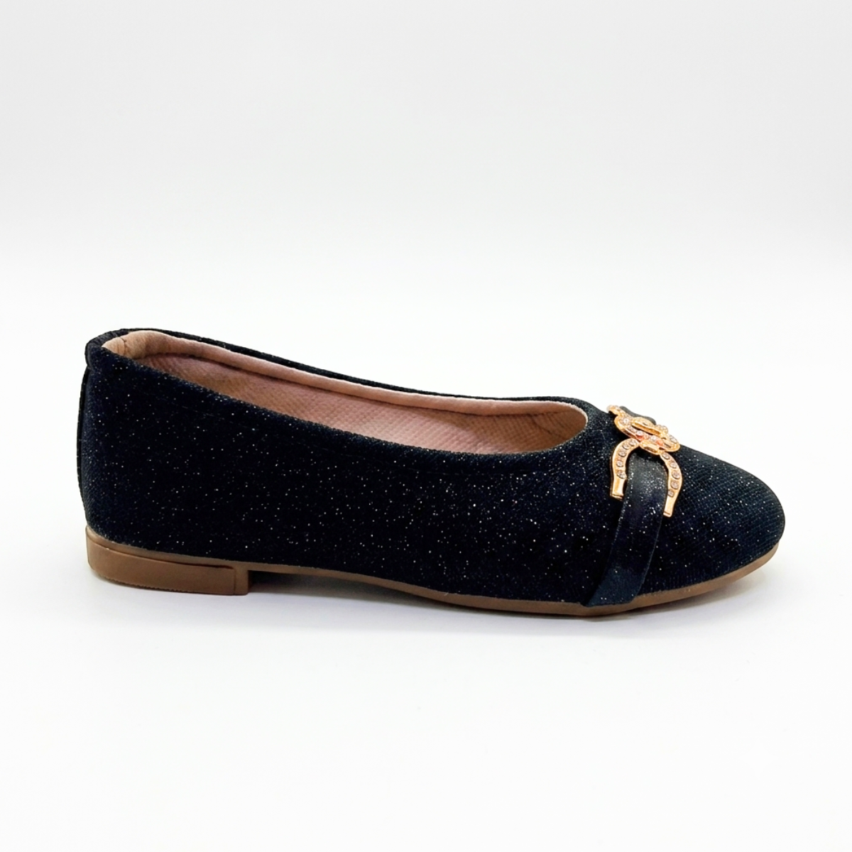 Zapatilla AGAPE Brillante Niña – Baleta con herraje dorado en negro, plateado y rosa