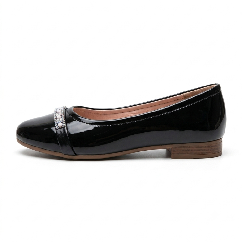 Zapatilla AGAPE Charol Espejo Niña – Baleta negro y plata holrográfica con perlas