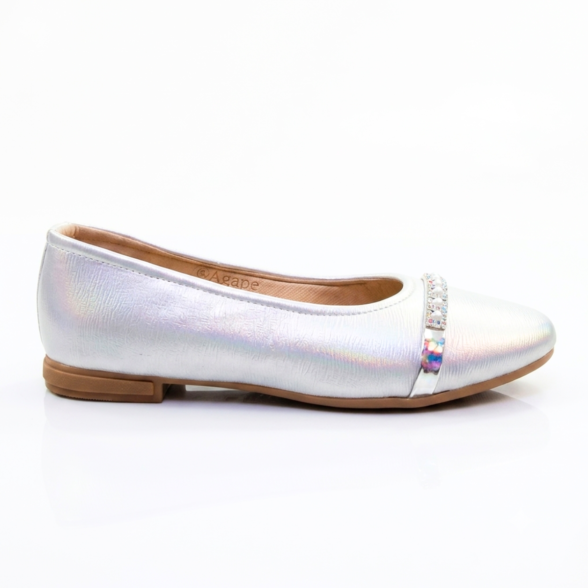 Zapatilla AGAPE Charol Espejo Niña – Baleta negro y plata holrográfica con perlas